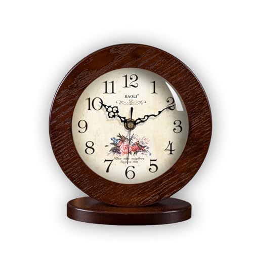 Country Floral, Retro Desk Clock Retro Table Clock/Deskclock -European Solid Wood Clock Simple Living Room Silent Table Clock Modern Bedroom Creative Pendulum Clock Table Clock,19.5x13cm,Brown