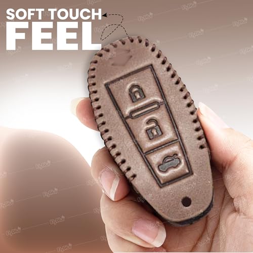 Image of Soft Handmade Leather Key Cover Compatible with Maruti Suzuki Baleno Ciaz Vitara Brezza S Cross Swift Ignis & Toyota Urban Cruiser 3 Button Smart Key Protection with Keychain (Brown)
