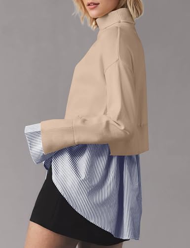 Image of MISSACTIVER Women Slit Turtleneck Patchwork Sweater 2 in 1 Buttons Down Pullover Knit Sweater Asymmetrical Hem Shirt Top