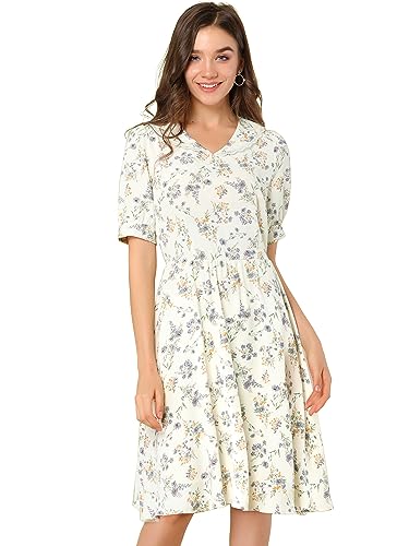 Image of Allegra K Women's Vintage Peter Pan Collar High Waist Flowy Midi Puff Sleeve Floral Dress