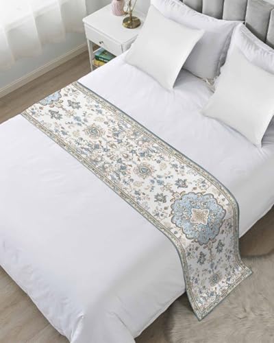 DecorLovee Blue Boho Bed Runners for Queen Size Bed, Decorative Bed Throws for Foot of Bed, Luxury Ethnic Traditional Floral Pattern Bed Runner Sofa Throw Bedding Scarf Protector Slipcover for Bedroom