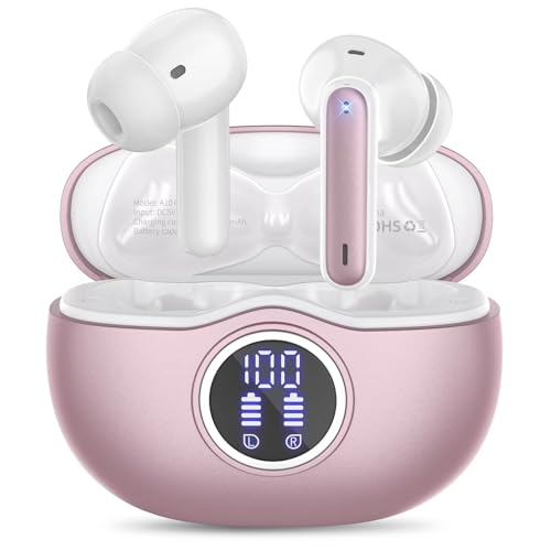 QYCAITEK Wireless Earbuds Bluetooth Headphones 50H Playtime Ear Buds, Active Noise Cancelling, IPX7 Waterproof, HD Stereo Sound with Mic, for Sports/Gym, Rose Gold