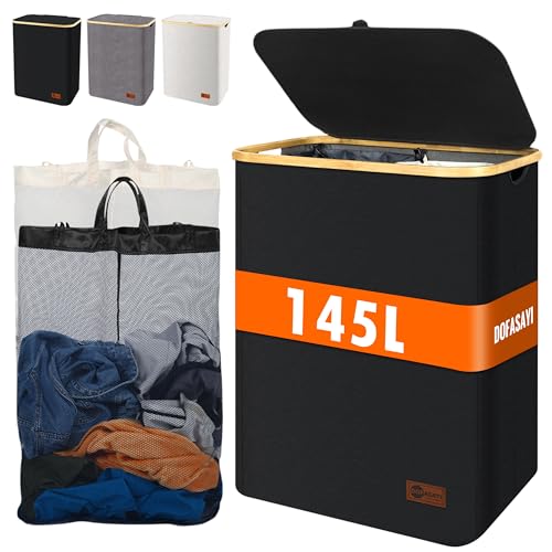 Image of DOFASAYI 145L Laundry Hamper with Lid - Clothes Hamper with 2 Section Removable Laundry Bags and Bamboo Handles, Foldable Laundry basket for Laundry Room, Bathroom, Bedroom, Black