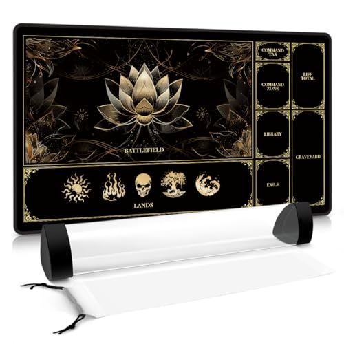 MTG Playmat with Play Zones Magic Play mat Card Game Mat for Magic The Gathering Lotus & Basic Lands Design 24x14 inch Stitched Edge Non-Slip Base with Prismatic Playmat Tube-Gold Lotus