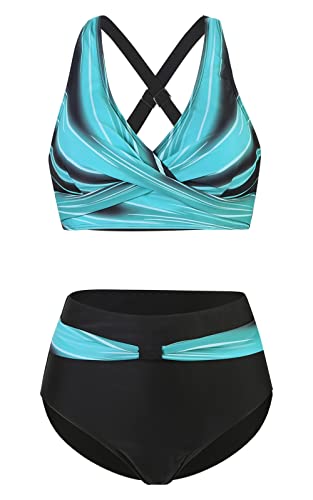 Conjunto de bikini azul y negro con top cruzado y short de cintura alta, diseño atractivo para el verano