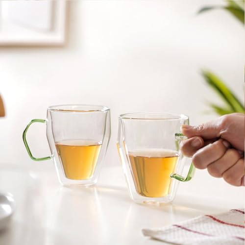 Image of Nestasia Double Wall Borosilicate Glass Mugs Set of 2 (250ml Each) - Microwave & Dishwasher Safe Transparent Glass Tea Cups with Green Handles | Food Safe & Durable Coffee Mugs - Ideal for Gifting