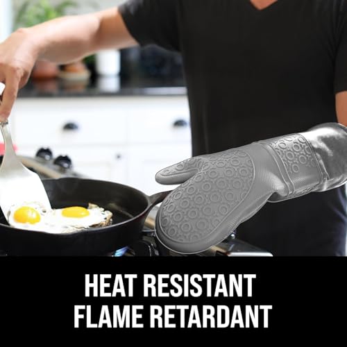 Image of BPA-Free Soft Silicone Oven Mitts - Ultra Heat Resistant Oven Mitts with Thick Cotton Liner - Extra Long Slip Resistant Pot Holders, Flexible Oven Gloves - Gray 14.7 inch