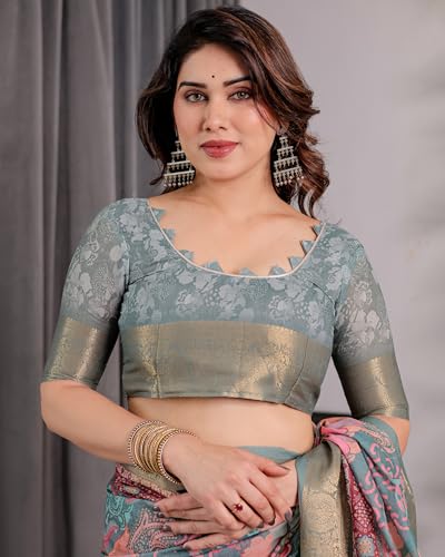 Image of ALMAARI FASHION Handloom Cotton Linen Saree for Women with Floral Printed Design and Tassel Pallu, Traditional Ethnic Lightweight Saree for Daily Office Festive with Blouse Piece