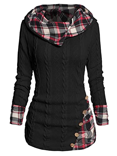 ZEZCLO Women's Twisted Cable Knit Plaid Print Hooded Sweater Mock Button Ruched Shawl Neck Knit Top3
