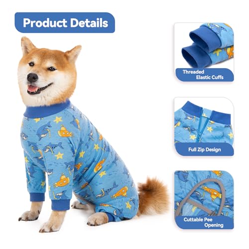 Image of Recovery Suit for Dogs Full Zipper, Four-Legged Onesie Dog Recovery Suit After Surgery, Cute Soft Bodysuit Cone Alternative Male Female Dog Neuter Anti Licking Wounds, Ocean, Large