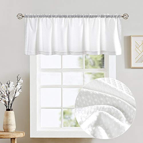 Lazzzy White Waffle Weave Textured Valance for Kitchen Water Repellent Bathroom Half Window