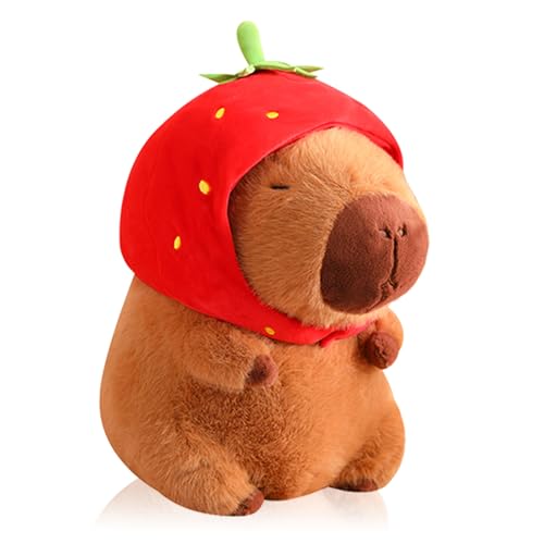 Image of Capybara Plush Wearing Strawberry Hat, Capybara Stuffed Animal Plush Toy, Cute Birthday Decorations Plush Toy for Girls and Boys