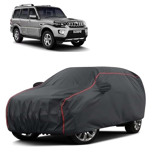 Image of Sulfar 100% Water Resistant Car Body Cover Compatible with Mirror for Mahindra Scorpio (Triple Stitched, Full Bottom Elastic, Dark Grey Taffeta with Red Piping)
