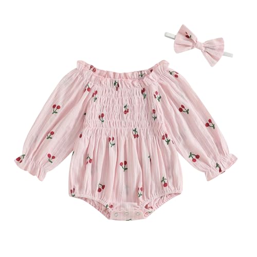Baby Girl Fall Clothes Newborn Long Sleeve Cherry Smcoked Romper Infant Cute Bubble Onesie Shirt Winter Outfit