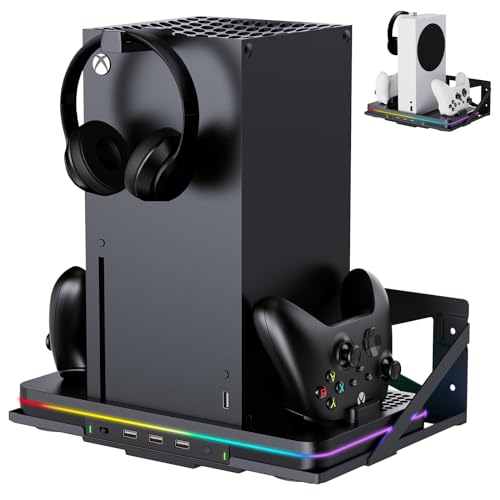 Wall Mount with Cooling Charging Stand for Xbox Series X/S, Luckit Vertical Dual Controller Charger Station Compatible Xbox Series X/S Console Accessories with Cooling Fan, 3 USB Ports&2 Headset Stand