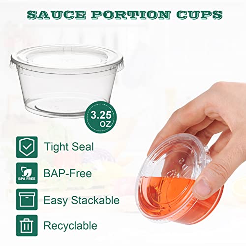 Image of 200 Sets 3.25 oz Plastic Portion Cups with Lids, Plastic Sauce Cup with Lid | Leak-proof sealing lids for sauces, jelly shots, souffle, condiments, dressings, for daily use, commercial kitchens, takeaway