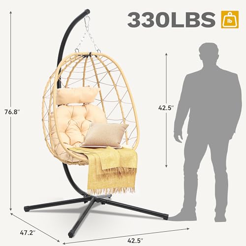 DWVO Egg Hanging Swing Chair with Stand Egg Chair Wicker Egg Chair with Cushions 330lbs for Patio, Bedroom, Garden and Balcony, Beige