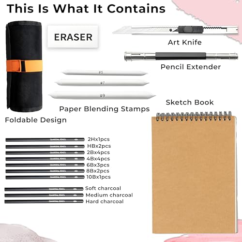 Image of DaKos Sketch Pencil Set, Drawing Pencil Set and Shading Pencils Set for Artists, Perfect Sketching Kit of Charcol Pencil and Shading Art with A5 Sketch Book and Rolling Pouch (27 Pieces)