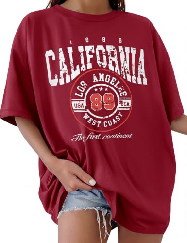 CMTOP Camisetas Manga Corta Mujer Talla Grande Verano Camiseta Algodón Oversized T Shirts Cuello Redondo Loose Estampado Camiseta Casual Suelta tee Shirt Tops (Burdeos, XL)