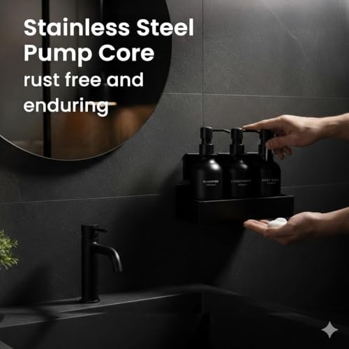 Image of Refillable Shampoo and Conditioner Dispenser Shower Soap Dispenser Wall Mounted Black Metal Organiser Plastic Bottles Black Pump Shampoo Dispenser, Shower Dispenser Chamber 400ML Bottel (Metal Stand)