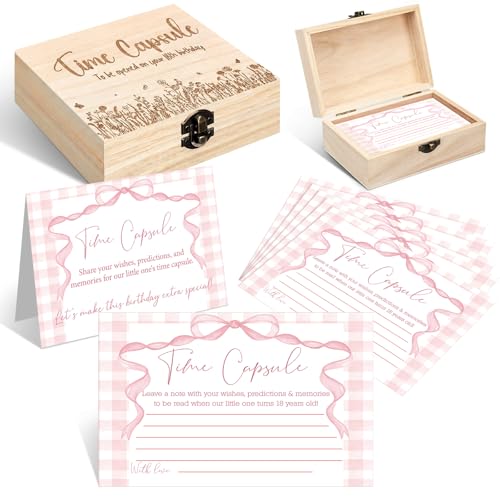 Fuutreo Pink Bow Themed Time Capsule Box 1st Birthday Time Capsule First Birthday Party Games, 1st Activities for Guests, Advice and Wishes Cards Gift Keepsake for Party Supplies