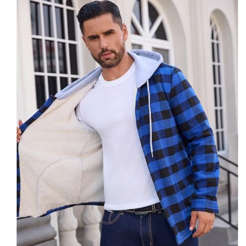 Image of Mens Sherpa Fleece Lined Flannel Buffalo Plaid Jackets with Hood Winter Thermal Quilted Insulated Hooded Coat Outwear
