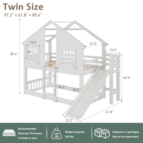 Image of Jocisland Twin Over Twin Bunk Bed with Slide and Ladder, Solid Wood, White | Play House Bunk Bed, 14 inch Safety Guardrails, Window Box Shelf, No Box Spring Needed, Noise-Free, Easy assembly