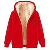 Sweat à capuche zippé pour femme - Imprimé cœur - Polaire chaude - Doublure chaude - Avec capuche - Uni - Manches longues - Grande taille, A - Rouge, 5XL