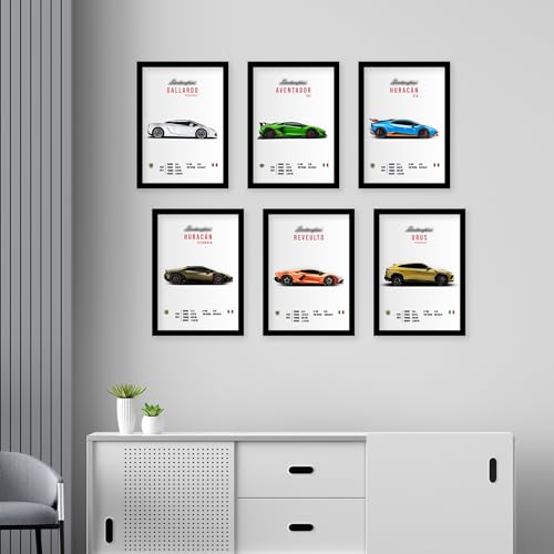 Image of CodersParadise Lamborghini Wall Poster Frames - Pack Of 6 | 8 x 12cm (A4 Size) | Aesthetic Artwork Framed Posters | Framed Posters For Living Room, Bedroom, Home And Office