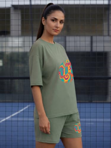 Image of CHKOKKO Cord Set for Women Cotton Blend Co-ord Set Stylish Graphic Printed Oversized T-Shirt Top Half Sleeves and Shorts Set Summer Coord Sets Casual Lounge Wear
