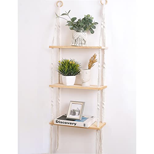 Image of Easever Boho 3-Tier Wooden Plant Shelves - Macrame Wall Hanging Storage for Apartment, Bathroom, Living Room, Bedroom