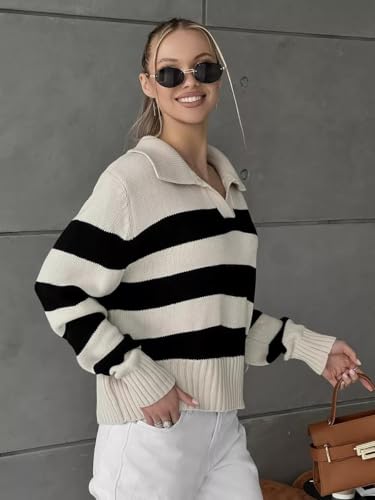 Polo V-Neck Knit Sweater Striped Color Block Loose Long Sleeve Top Casual Fashion Pullover Sweaters for Women4