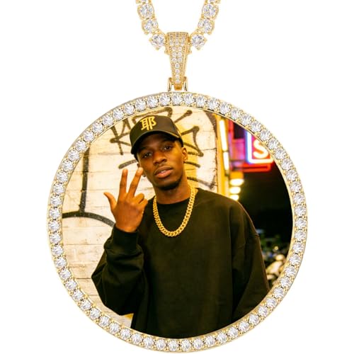 Hiyong Oversized Large Round Picture Necklace for Men Women 18K Gold Plated Custom Photo Pendant with Memory Medallion Choose Tennis Cuban or Rope Chain - Necklace for Hip Hop Jewelry Lovers (A Gold Round)