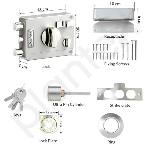 Image of Plantex Heavy Duty Rim Locks for Main Door /Night Latch Lock with 4 Keys /Tribolt Lock with 5 Years of Warranty /Suitable for Inside Opening Door- Pack of 1 (Satin White & Chrome)