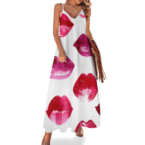 Robe longue été sans manches pour femme imprimé lèvres rouges idéal plage