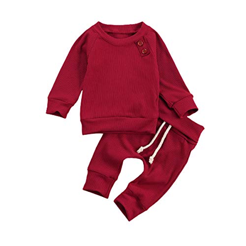 Newborn Infant Baby Girl Ribbed Sweatshirt Solid Long Sleeve T-Shirt Knit Sweater Top Pants Fall Winter Pajamas Clothes (Wine Red, 0-3 Months)