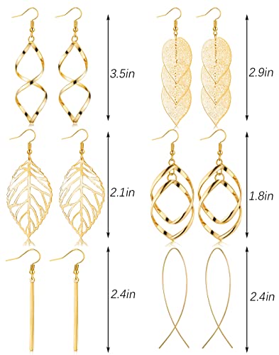 FUNEIA 6 Pairs Drop Dangle Earrings for Women Long Bar Double Twist Wave Curved Threader Cut Out Leaf Lightweight Earrings Set4