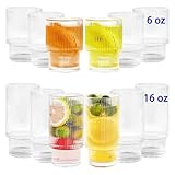 megarte Ribbed Glasses Drinking Glassware - Set of 12 Vintage Cute Cocktail Cups - 6 Pcs Ripple Rluted Aesthetic Drinkware 16 oz & 6 Pcs House Essentials Glass 6 oz for Drink Coffee Beer