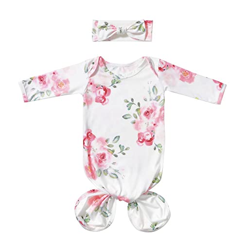 Image of Mikccer Baby Newborn Knotted Gown 0-6 Months, Soft Breathable Sleeper Gowns, Babies Girl Coming Home Outfit Infant Watercolor Flowers Nightgowns with Headband Set