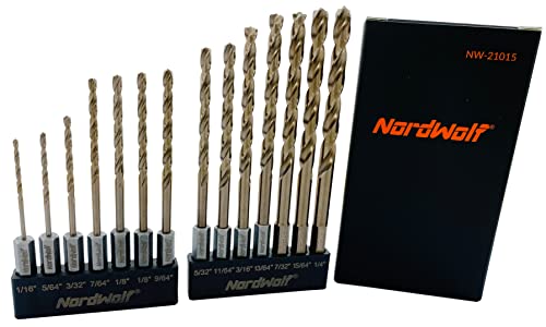 Nordwolf 14-Piece M35 Cobalt Jobber Drill Bit Set For Stainless Steel & Hard Metals, Multi Points Drill Tip With 1/4" Hex Shank For Quick Chucks & Impact Drivers, Sae Sizes 1/16" To 1/4" #TOP4