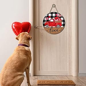 Deroro Happy Valentines Day Love Sign Front Door Decor Farmhouse Red Truck Hearts Wood Door Hanger Black White Buffalo Plaid Wooden Wreath Pediment Plaque Outdoor Indoor Wall Hanging Decorations