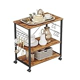 CubiCubi Kitchen Baker's Rack, 3 Tier Utility Kitchen Serving Cart with Wheels, Microwave Cart with Storage, Coffee Station for Kitchen, Metal Frames and 10 Hooks, Rustic Brown