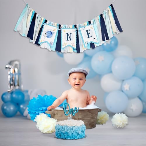 Image of Kriyokiaa 1st Birthday Outer Space High Chair Banner, First Trip Around the Sun Boy First Birthday Party Decor, Astronaut Rocket Space Theme High Chair ONE Banner