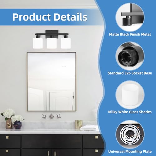 Image of SILAMPDI Black 3-Light Bathroom Vanity Light Fixtures Over Mirror, Modern Wall Sconces with Milky White Glass Shades for Living Room Hallway Cabinet, E26 Base(Bulbs Not Included)