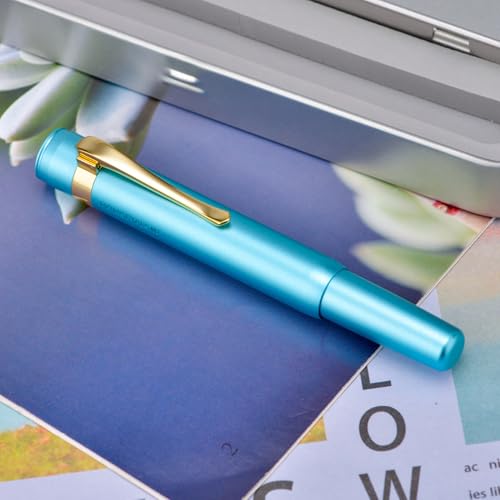 Image of HONG DIAN M2 Black Forest Mini Fountain Pen with Long Blade Tip and Slim Shape Aluminium Short Pocket Travel Pen (Lake Blue)