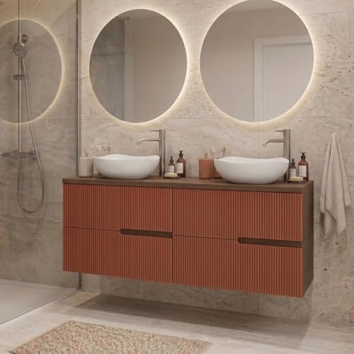 SANIVERRE EVA Meuble Double Vasque à Poser L. 120 cm Chêne Moka 4 Tiroirs Brique Cannelé (sans Colonne) Salle de Bain