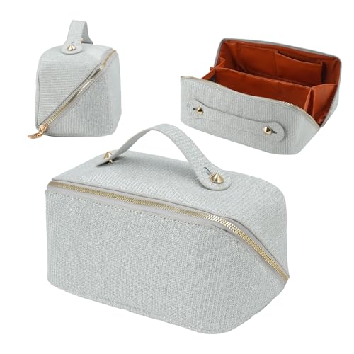 CELEDAS Cosmetic bag - check pattern cosmetic bag - waterproof portable skincare bag - large capacity cosmetic bag for women - with handle separator - white - fashion (Sparkling silver)