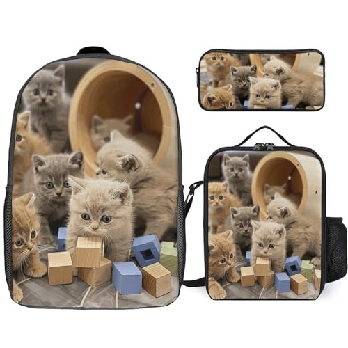 3 Piece Backpack for Women Men Lightweight Causal Daypack Shoulder Bag Set with Insulated Lunch Bag And Pencil Case Organizers Play with Blocks