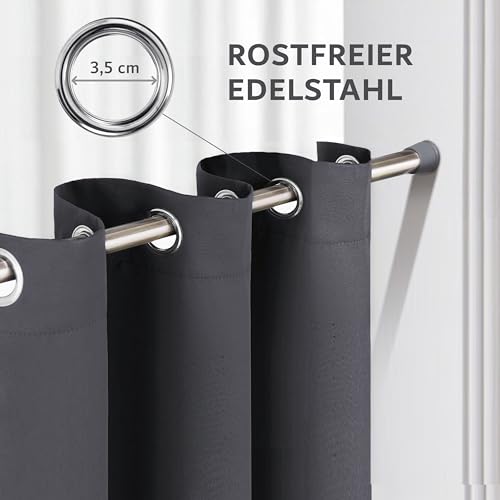 Praktisches Set ohne Bohren: 2x Vorhang + 1x Klemmstange silber 70-120 cm + 2x Raffhalter mit Magnet blickdicht & verdunkelnd, als Raumteiler, Fenster & Tür Anthrazit Thermovorhang 175x135cm