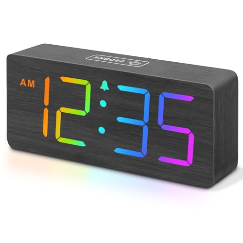 Image of DreamSky Wooden Digital Alarm Clock for Bedroom, Living Room Desk | RGB Loud Alarm Clock for Heavy Sleepers with Volume Control, Large Numbers with Dimmer, Office Wood Decor (Plug in Clock)